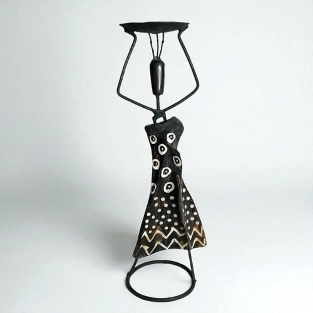 VTG Handmade‎ African Tribal Folk Art Candle Holder Real Bones Metal Wire 18